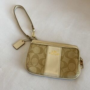 Coach Small Beige Signature Canvas & Leather Wristlet Clutch With Zip Closure